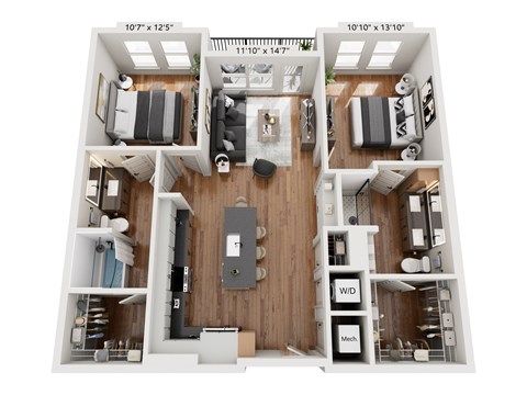 Floor plan for 2 beds, 2 baths, 1117 sqft